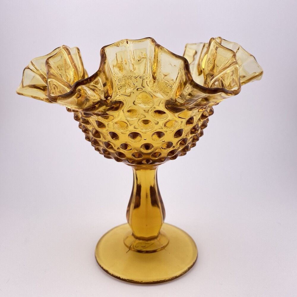 Vintage MCM Fenton Amber Hobnail Ruffled Compote Dish, Vintage Glass